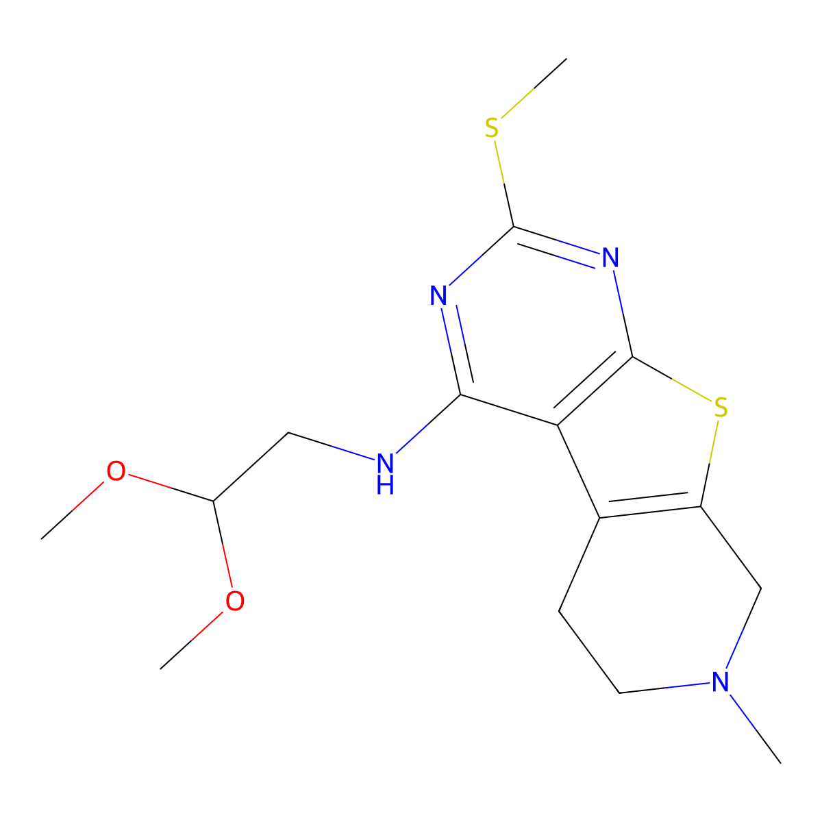 2,2-dimethoxyethyl-[7-methyl-2-(methylthio)-6,8-dihydro-5H-pyrido[4,5]thieno[1,2-c]pyrimidin-4-yl]amine molecular structure, CAS 843638-52-8