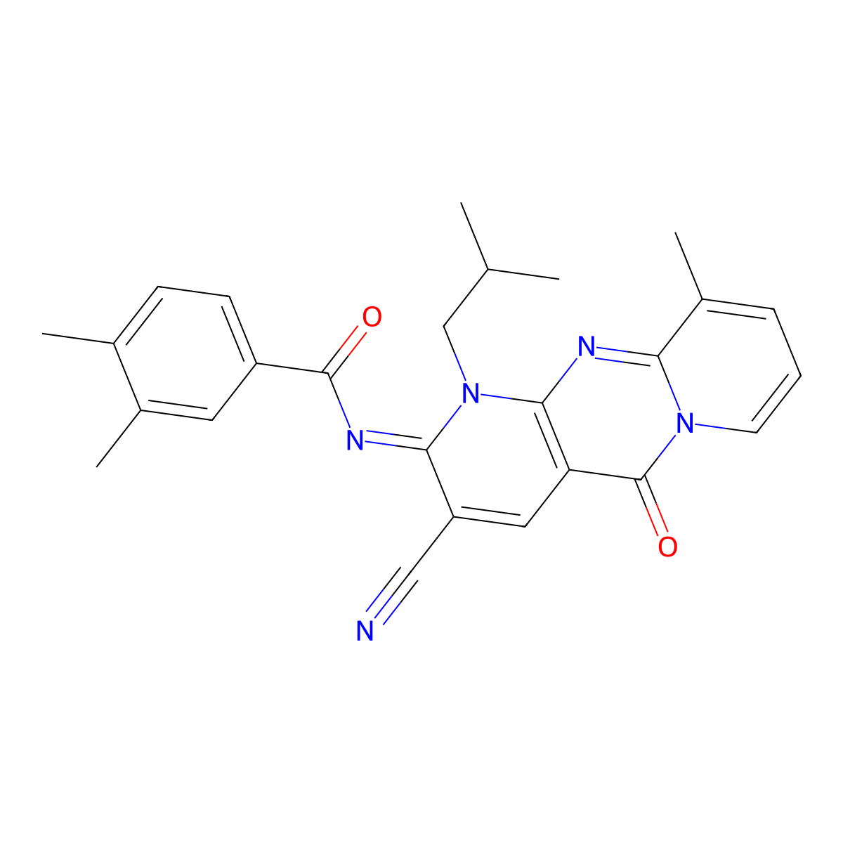 (E)-N-(3-cyano-1-isobutyl-10-methyl-5-oxo-1H-dipyrido[1,2-a:2',3'-d]pyrimidin-2(5H)-ylidene)-3,4-dimethylbenzamide molecular structure, CAS 843638-62-0