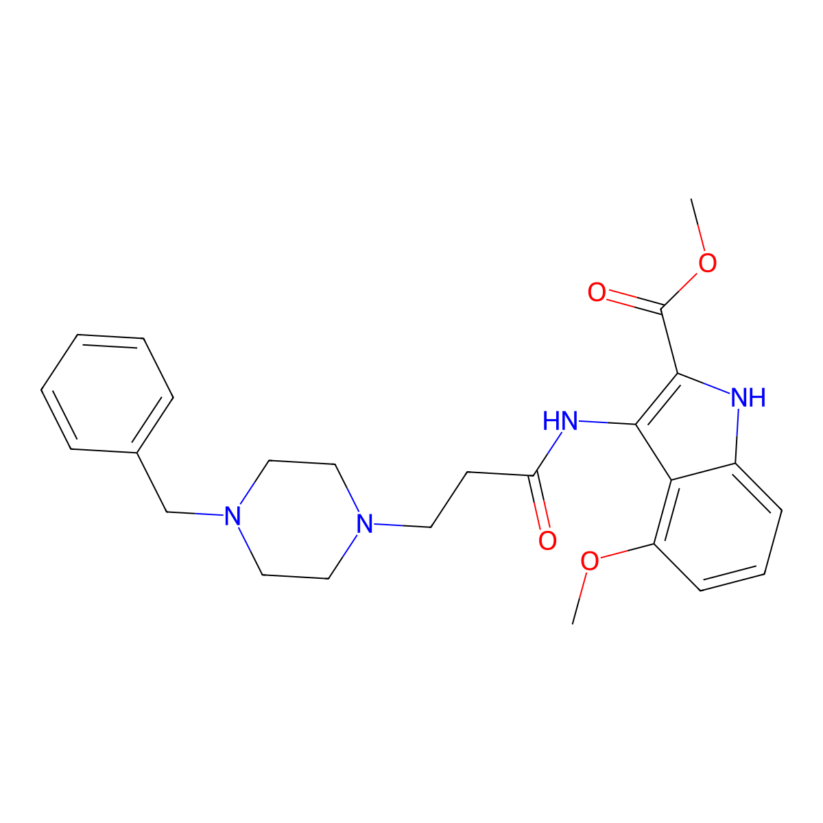 Methyl 4-methoxy-3-[[1-oxo-3-[4-(phenylmethyl)-1-piperazinyl]propyl]amino]-1H-indole-2-carboxylate molecular structure, CAS 843638-71-1