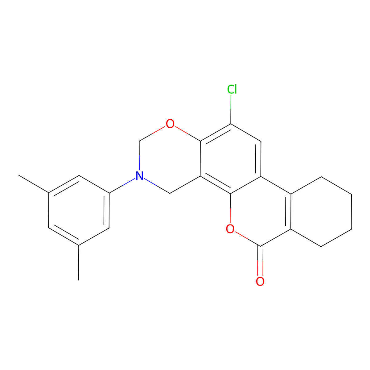 12-chloro-3-(3,5-dimethylphenyl)-3,4,7,8,9,10-hexahydro-2H,6H-benzo[3,4]chromeno[8,7-e][1,3]oxazin-6-one molecular structure, CAS 843669-19-2