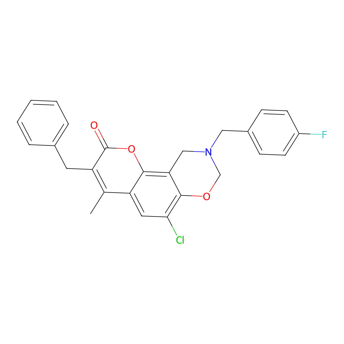 3-benzyl-6-chloro-9-(4-fluorobenzyl)-4-methyl-9,10-dihydro-2H,8H-chromeno[8,7-e][1,3]oxazin-2-one molecular structure, CAS 843669-82-9