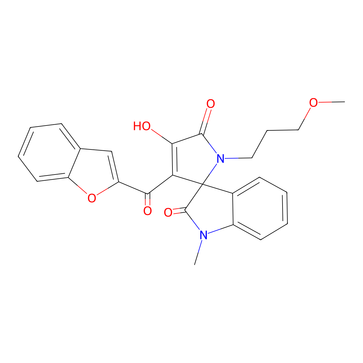 (3'E)-3'-[1-benzofuran-2-yl(hydroxy)methylidene]-1'-(3-methoxypropyl)-1-methylspiro[indole-3,2'-pyrrolidine]-2,4',5'(1H)-trione molecular structure, CAS 843669-95-4