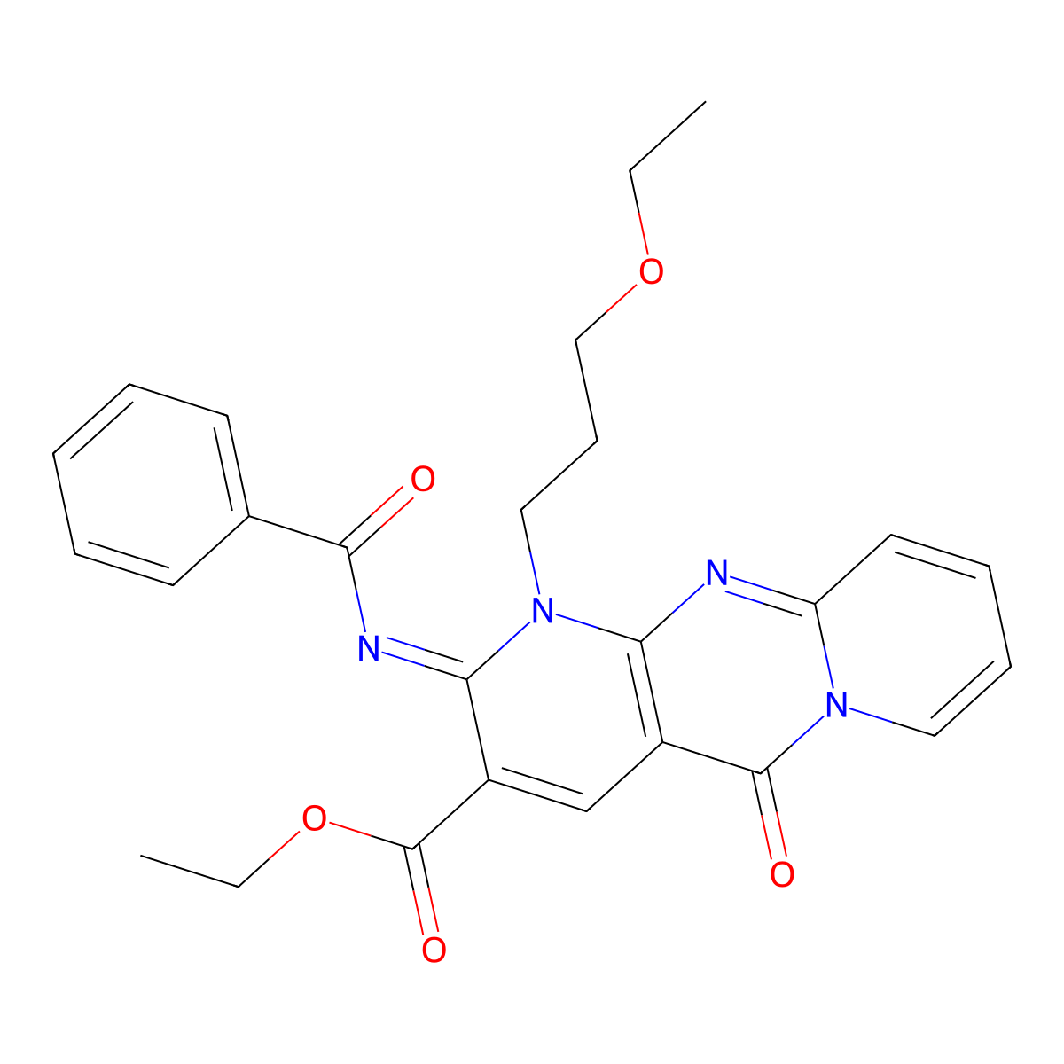ethyl 2-(benzoylimino)-1-(3-ethoxypropyl)-5-oxo-1,5-dihydro-2H-dipyrido[1,2-a:2,3-d]pyrimidine-3-carboxylate molecular structure, CAS 843670-20-2