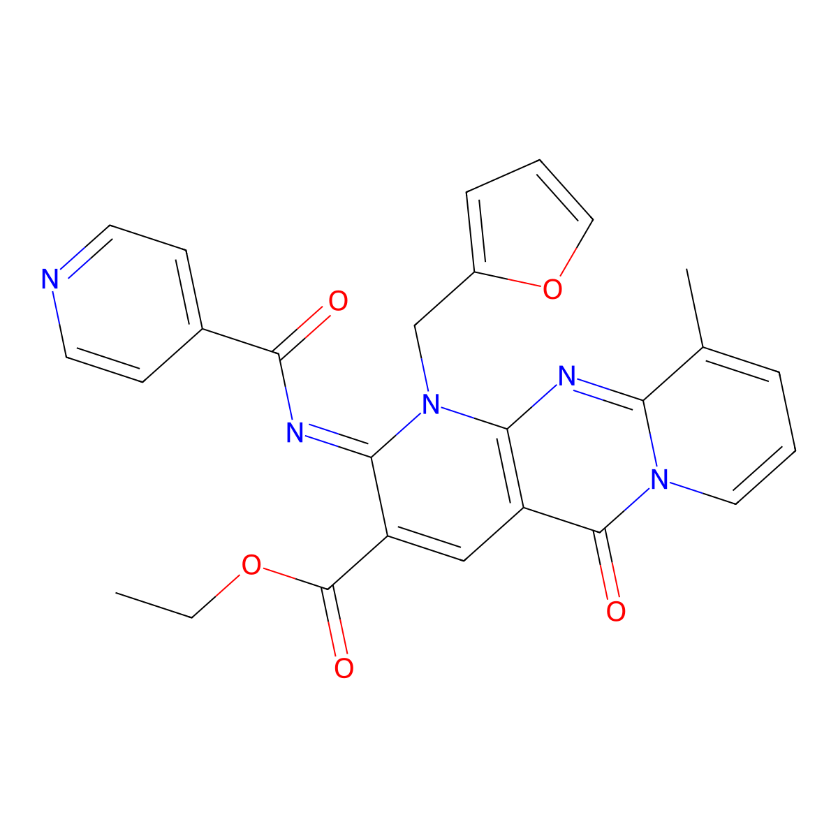 (Z)-ethyl 1-(furan-2-ylmethyl)-2-(isonicotinoylimino)-10-methyl-5-oxo-2,5-dihydro-1H-dipyrido[1,2-a:2',3'-d]pyrimidine-3-carboxylate molecular structure, CAS 843670-84-8