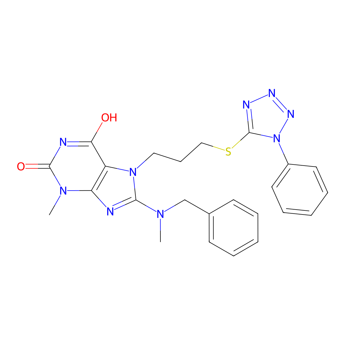 8-[Benzyl(methyl)amino]-3-methyl-7-[3-(1-phenyltetrazol-5-yl)sulfanylpropyl]purine-2,6-dione molecular structure, CAS 843670-88-2