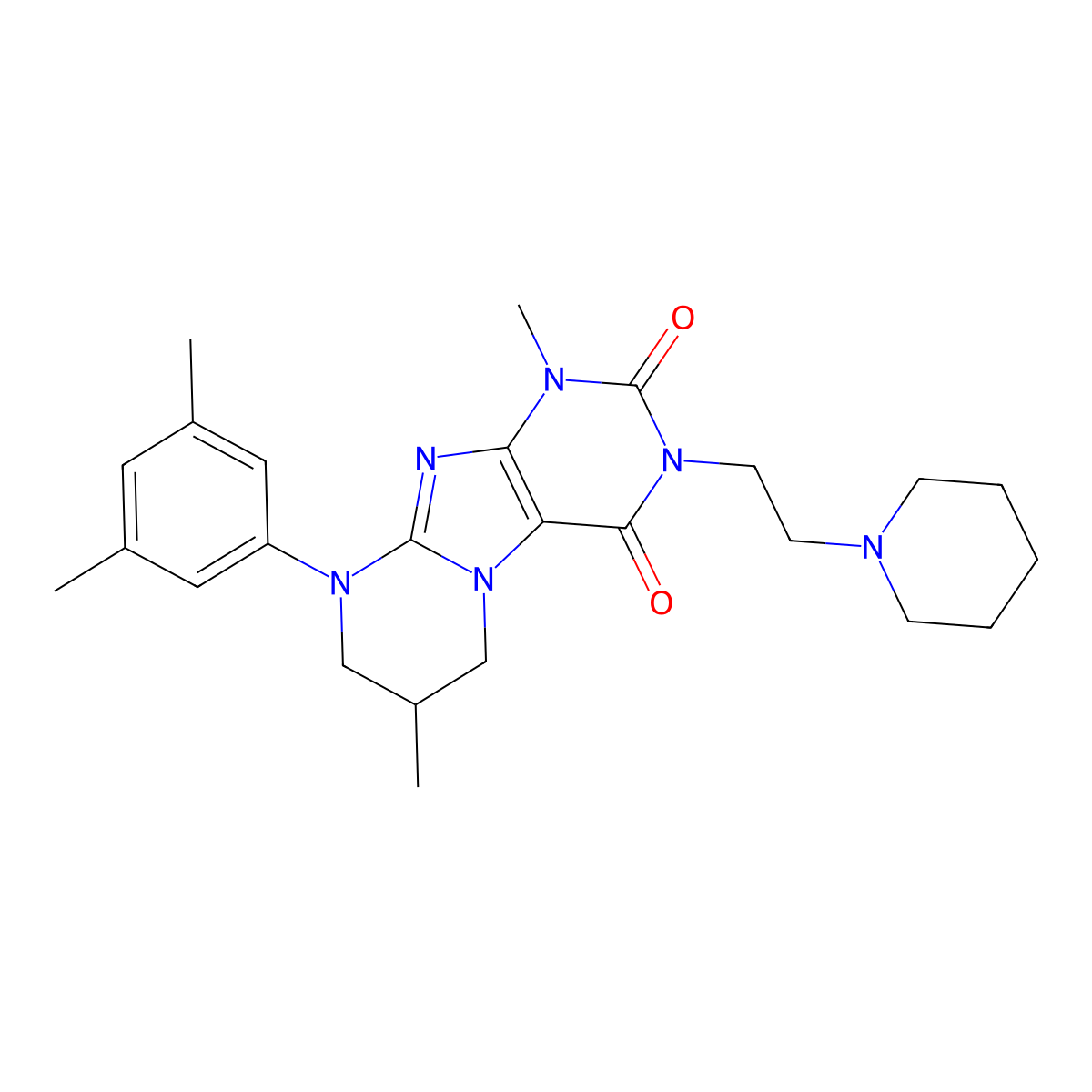 9-(3,5-dimethylphenyl)-1,7-dimethyl-3-(2-(piperidin-1-yl)ethyl)-6,7,8,9-tetrahydropyrimido[2,1-f]purine-2,4(1H,3H)-dione molecular structure, CAS 843670-98-4