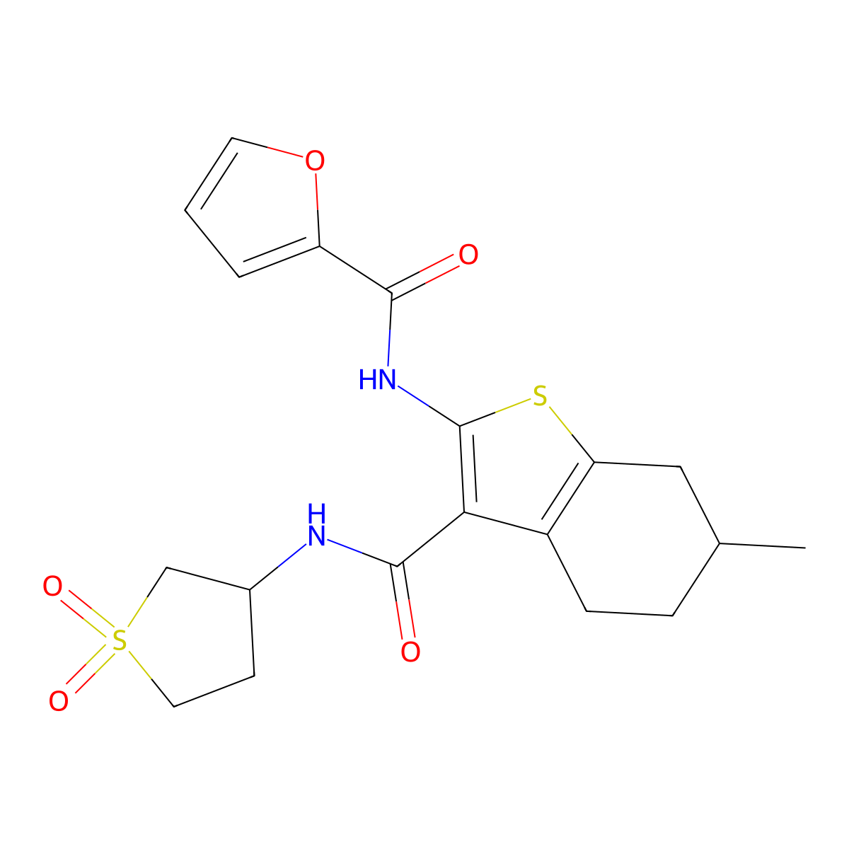 N-{3-[(1,1-dioxidotetrahydrothiophen-3-yl)carbamoyl]-6-methyl-4,5,6,7-tetrahydro-1-benzothiophen-2-yl}furan-2-carboxamide molecular structure, CAS 843672-08-2