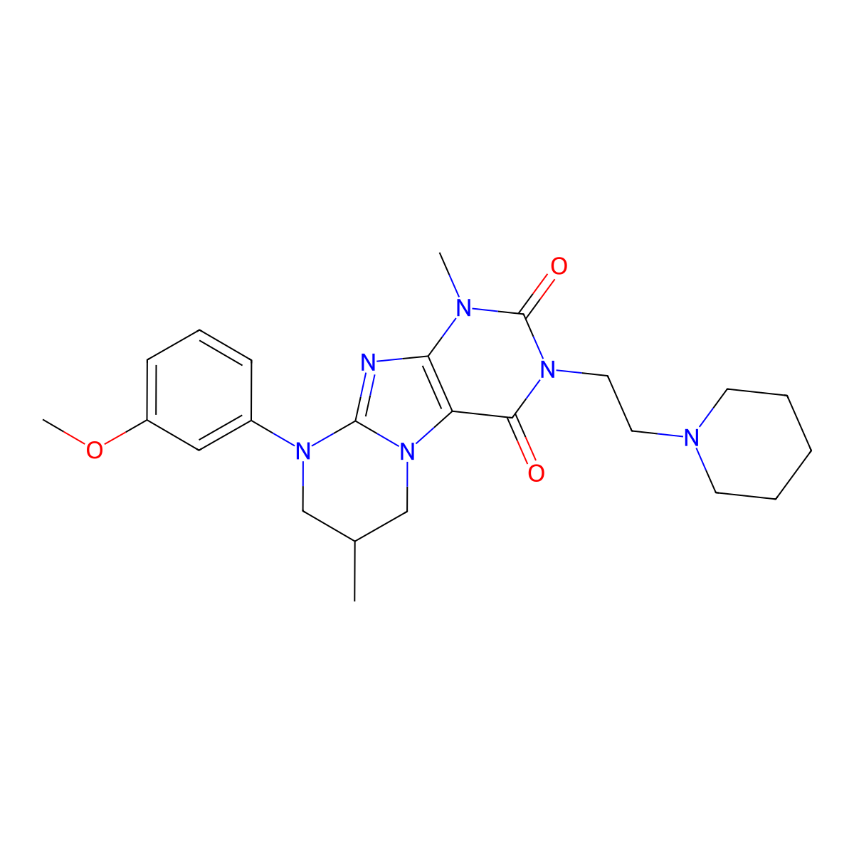 9-(3-methoxyphenyl)-1,7-dimethyl-3-[2-(piperidin-1-yl)ethyl]-1H,2H,3H,4H,6H,7H,8H,9H-pyrimido[1,2-g]purine-2,4-dione molecular structure, CAS 843672-52-6