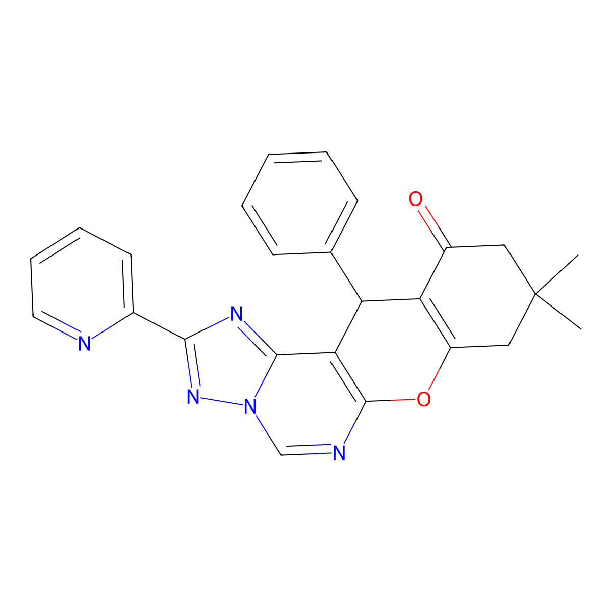 9,9-dimethyl-12-phenyl-2-(pyridin-2-yl)-9,10-dihydro-8H-chromeno[3,2-e][1,2,4]triazolo[1,5-c]pyrimidin-11(12H)-one molecular structure, CAS 843672-58-2