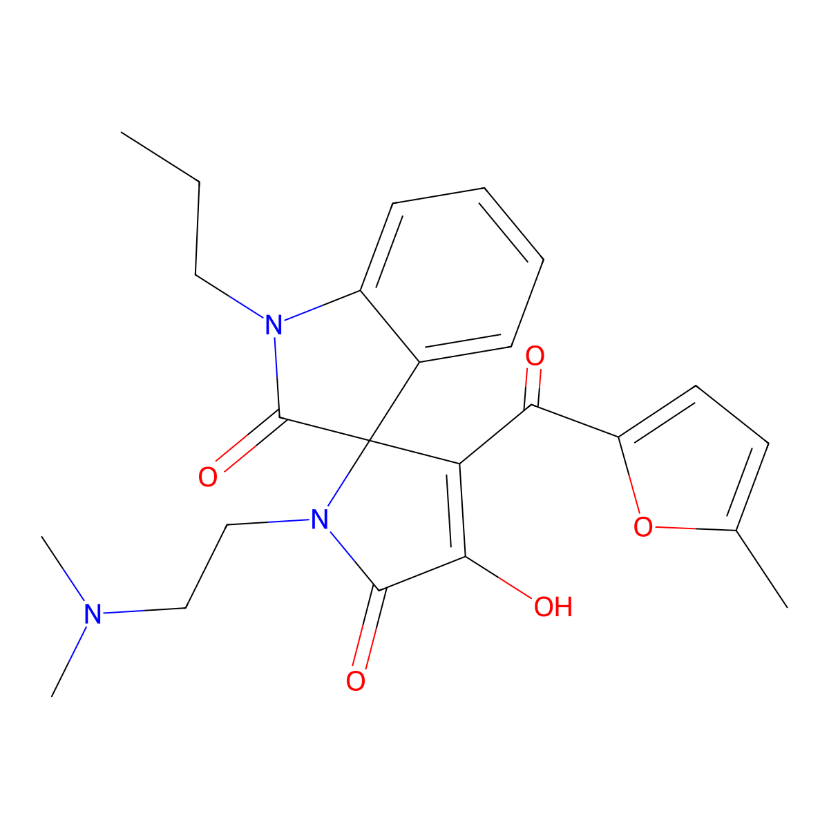 1'-[2-(dimethylamino)ethyl]-4'-hydroxy-3'-[(5-methylfuran-2-yl)carbonyl]-1-propylspiro[indole-3,2'-pyrrole]-2,5'(1H,1'H)-dione molecular structure, CAS 843672-79-7