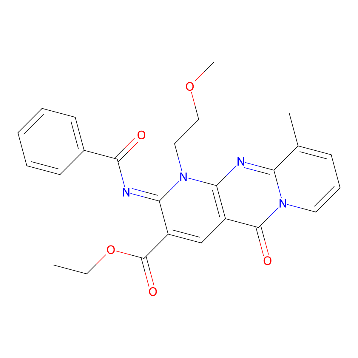 ethyl 2-(benzoylimino)-1-(2-methoxyethyl)-10-methyl-5-oxo-1,5-dihydro-2H-dipyrido[1,2-a:2,3-d]pyrimidine-3-carboxylate molecular structure, CAS 843672-82-2