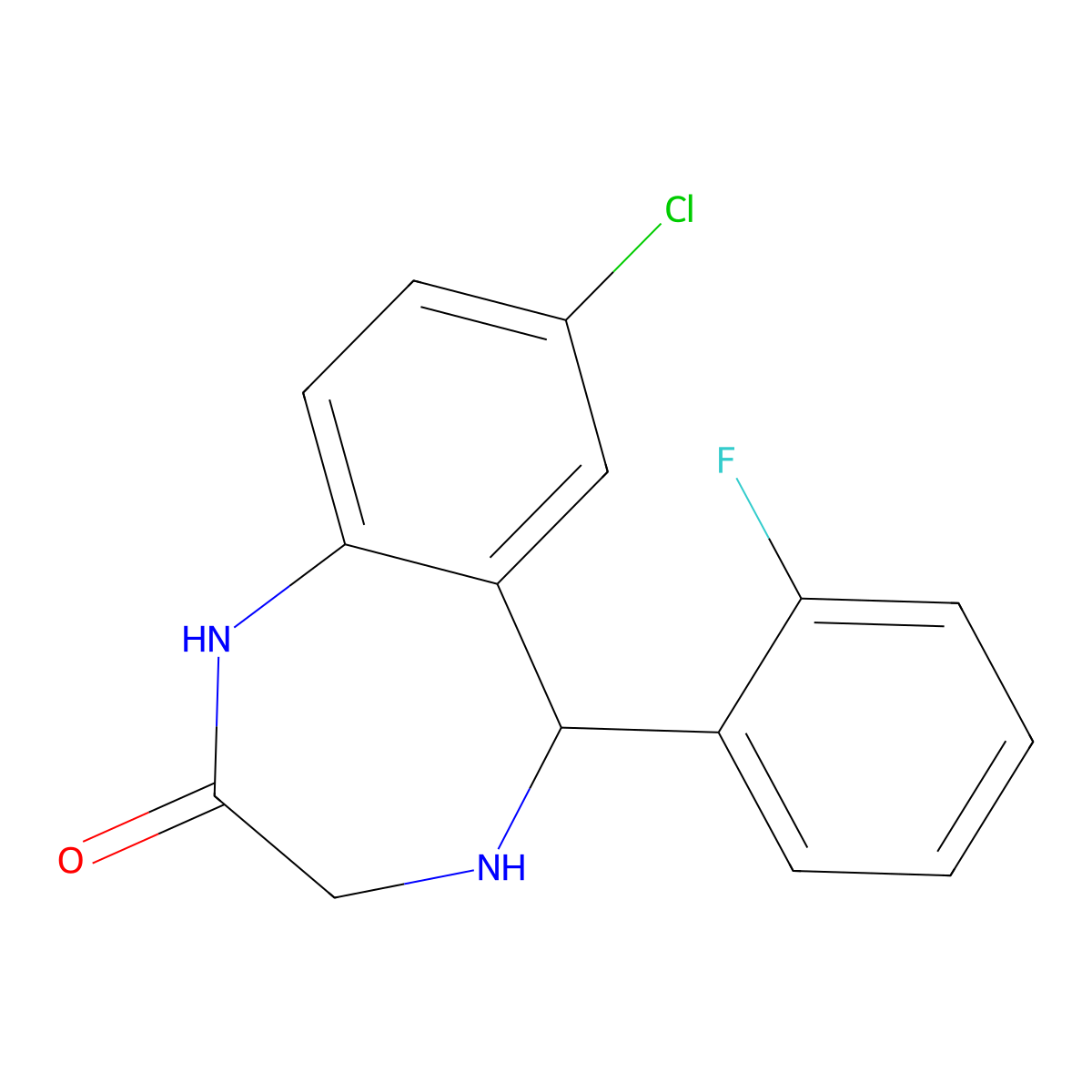 7-chloro-5-(2-fluorophenyl)-2,3,4,5-tetrahydro-1H-1,4-benzodiazepin-2-one molecular structure, CAS 844-15-5
