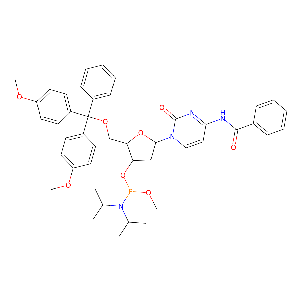 5'-Dimethoxytrityl-N4-benzoyl-2'-deoxycytidine-3'-(methyl-N,N-diisopropyl)phosphoramidite molecular structure, CAS 84416-83-1