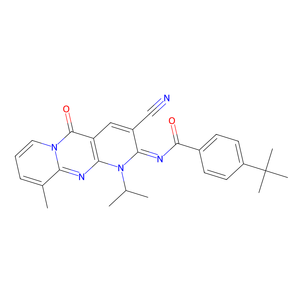 (E)-4-(tert-butyl)-N-(3-cyano-1-isopropyl-10-methyl-5-oxo-1H-dipyrido[1,2-a:2',3'-d]pyrimidin-2(5H)-ylidene)benzamide molecular structure, CAS 844448-11-9
