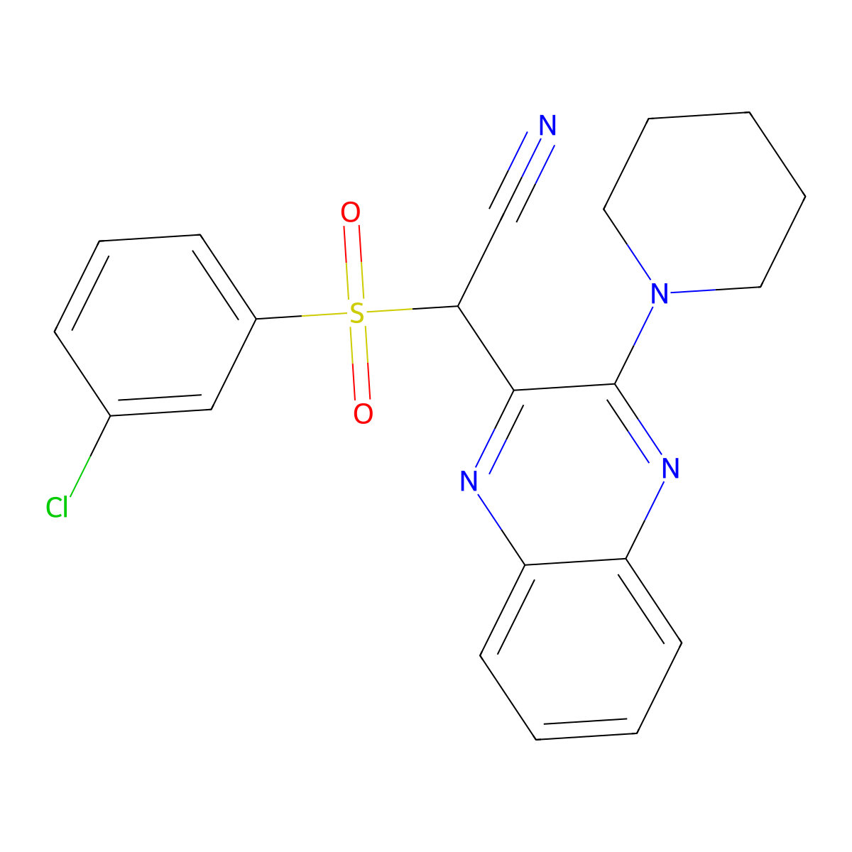 2-((3-Chlorophenyl)sulfonyl)-2-(3-(piperidin-1-yl)quinoxalin-2-yl)acetonitrile molecular structure, CAS 844448-76-6