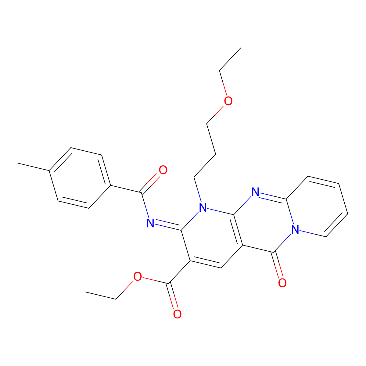 Ethyl 7-(3-ethoxypropyl)-6-(4-methylbenzoyl)imino-2-oxo-1,7,9-triazatricyclo[8.4.0.03,8]tetradeca-3(8),4,9,11,13-pentaene-5-carboxylate molecular structure, CAS 844449-09-8