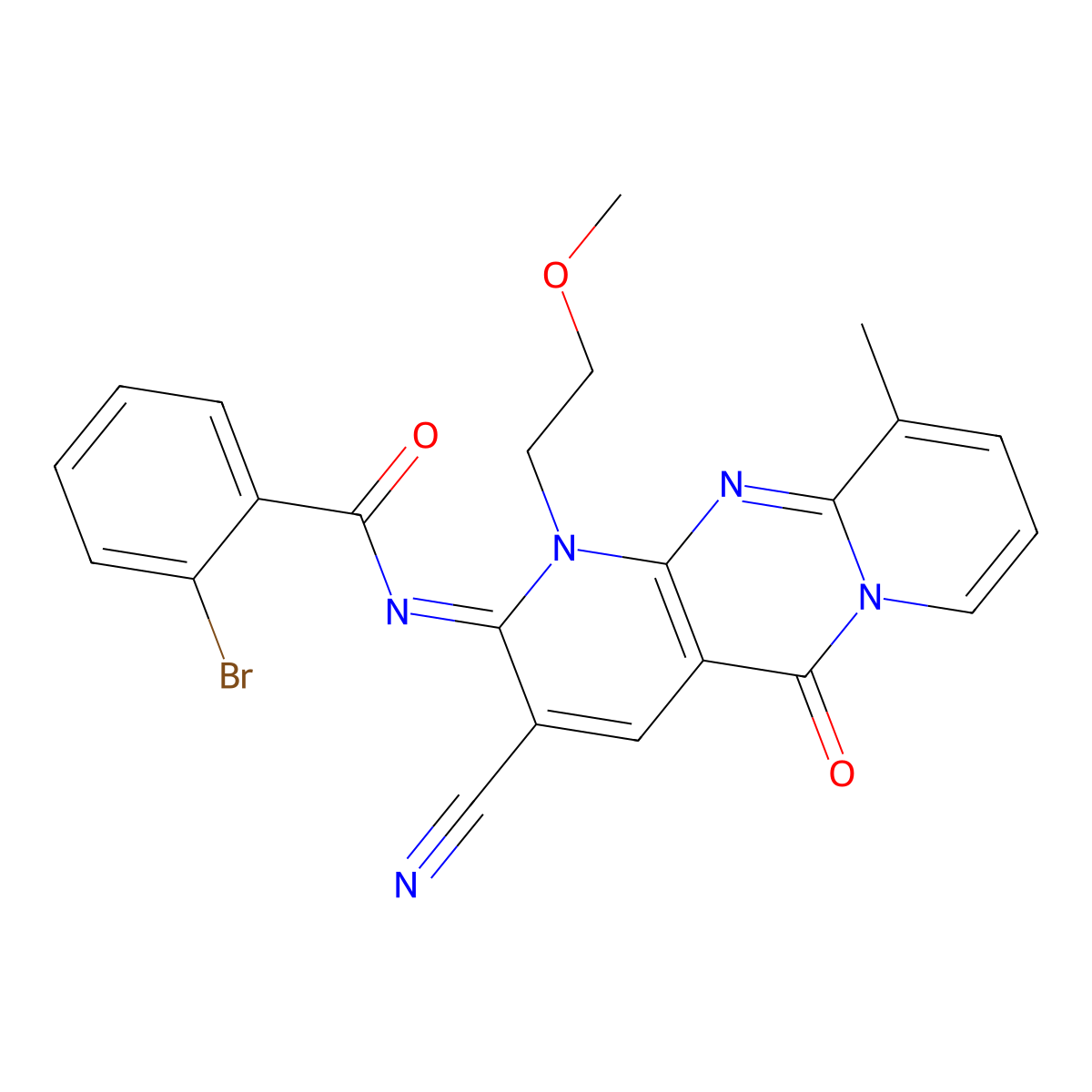 (E)-2-bromo-N-(3-cyano-1-(2-methoxyethyl)-10-methyl-5-oxo-1H-dipyrido[1,2-a:2',3'-d]pyrimidin-2(5H)-ylidene)benzamide molecular structure, CAS 844449-83-8