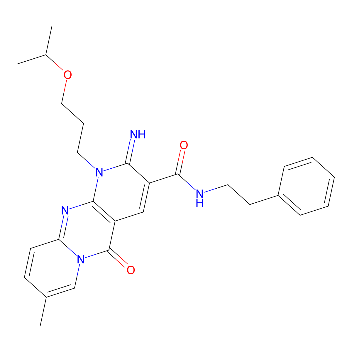 2-imino-1-(3-isopropoxypropyl)-8-methyl-5-oxo-N-(2-phenylethyl)-1,5-dihydro-2H-dipyrido[1,2-a:2,3-d]pyrimidine-3-carboxamide molecular structure, CAS 844451-21-4