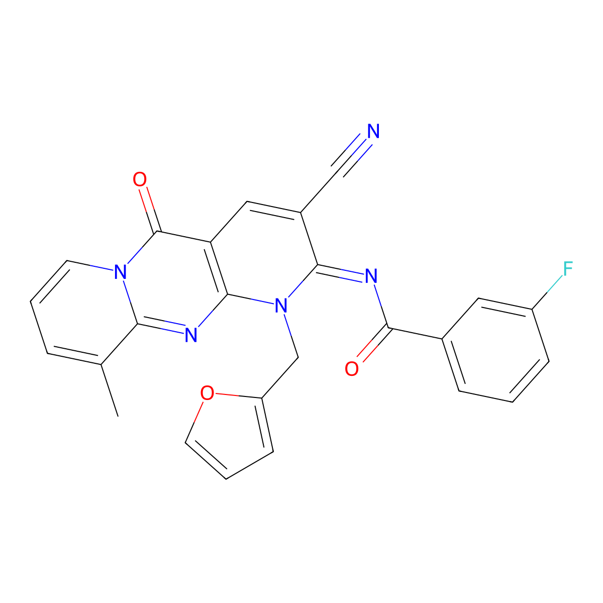 (E)-N-(3-cyano-1-(furan-2-ylmethyl)-10-methyl-5-oxo-1H-dipyrido[1,2-a:2',3'-d]pyrimidin-2(5H)-ylidene)-3-fluorobenzamide molecular structure, CAS 844451-56-5