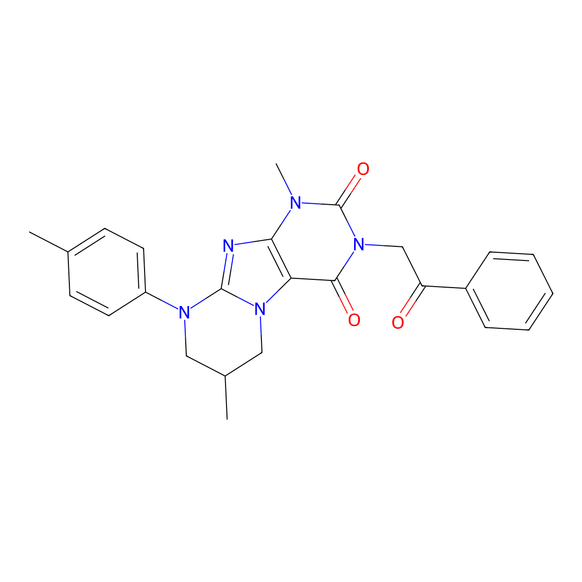 1,7-dimethyl-9-(4-methylphenyl)-3-(2-oxo-2-phenylethyl)-1H,2H,3H,4H,6H,7H,8H,9H-pyrimido[1,2-g]purine-2,4-dione molecular structure, CAS 844451-83-8