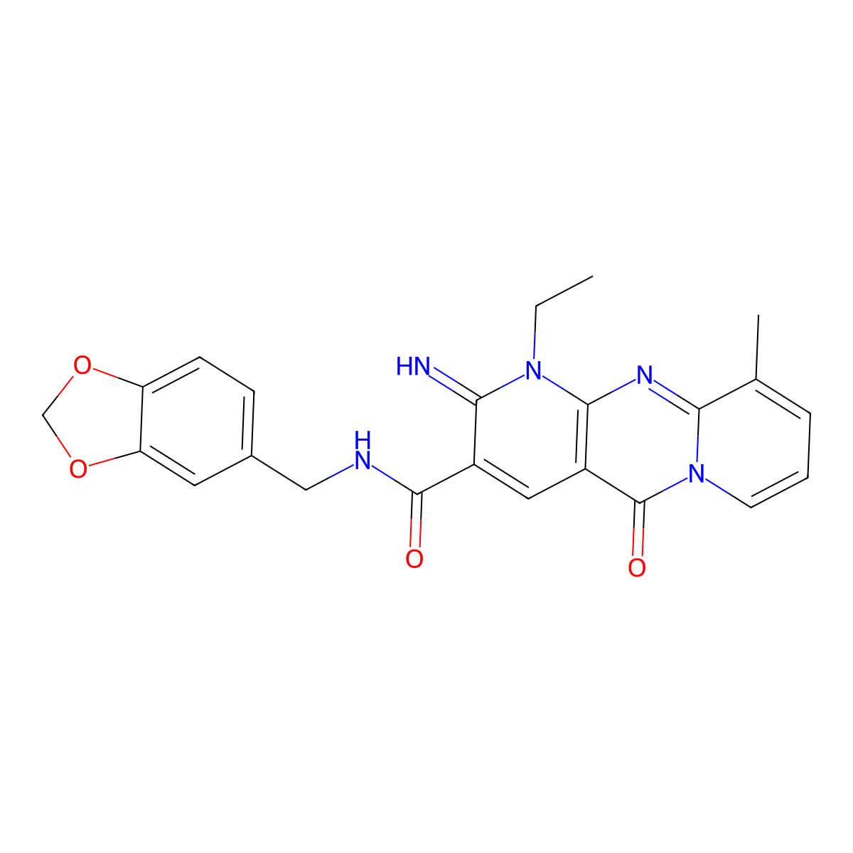 N-(1,3-benzodioxol-5-ylmethyl)-1-ethyl-2-imino-10-methyl-5-oxo-1,5-dihydro-2H-dipyrido[1,2-a:2',3'-d]pyrimidine-3-carboxamide molecular structure, CAS 844452-29-5