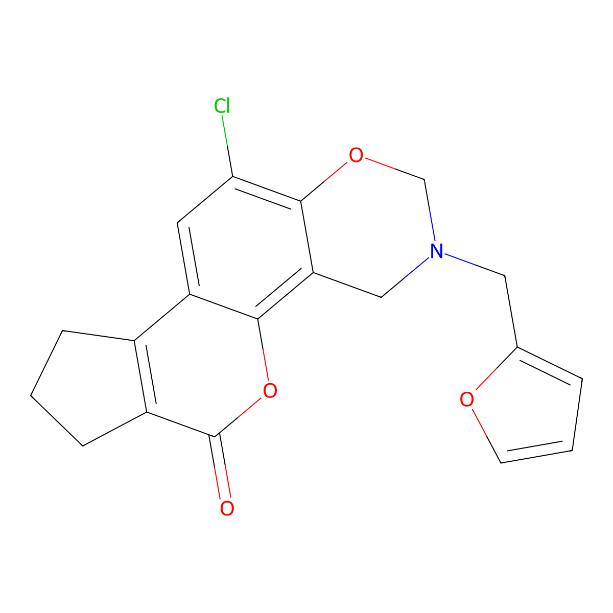 11-chloro-3-(2-furylmethyl)-3,4,8,9-tetrahydro-2H-cyclopenta[3,4]chromeno[8,7-e][1,3]oxazin-6(7H)-one molecular structure, CAS 844452-31-9