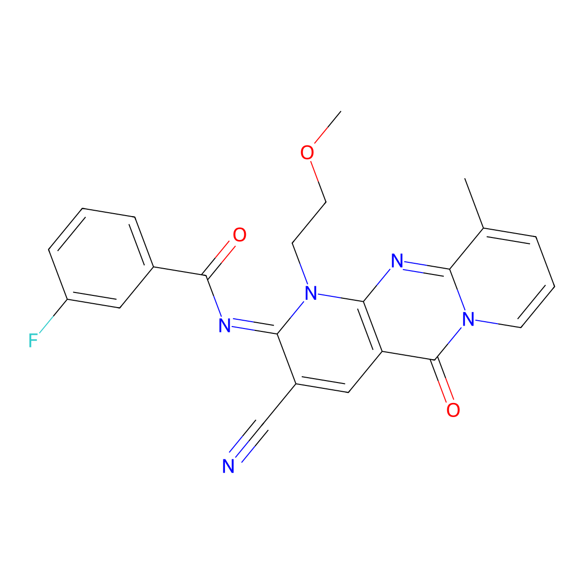 (E)-N-(3-cyano-1-(2-methoxyethyl)-10-methyl-5-oxo-1H-dipyrido[1,2-a:2',3'-d]pyrimidin-2(5H)-ylidene)-3-fluorobenzamide molecular structure, CAS 844452-38-6