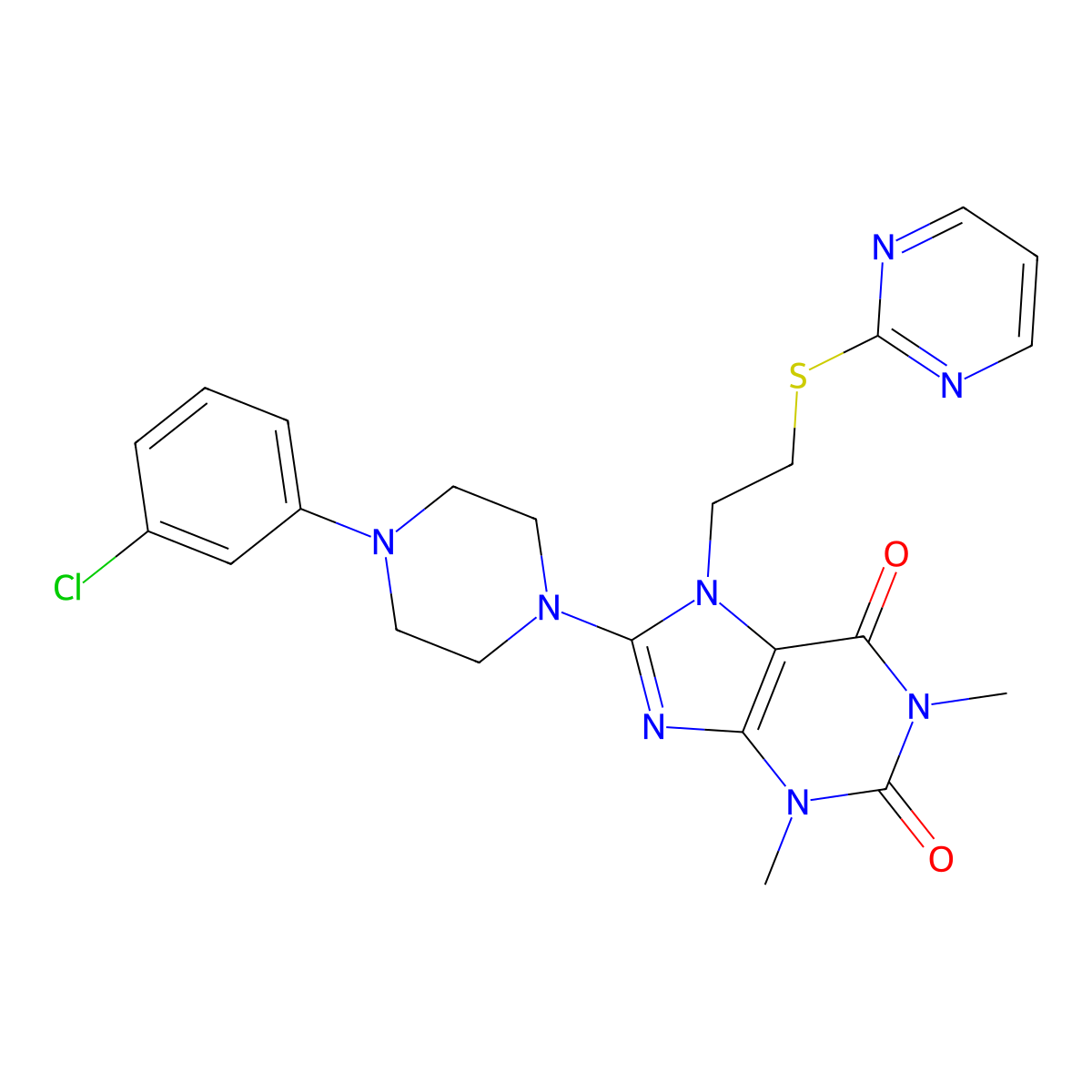 8-(4-(3-chlorophenyl)piperazin-1-yl)-1,3-dimethyl-7-(2-(pyrimidin-2-ylthio)ethyl)-1H-purine-2,6(3H,7H)-dione molecular structure, CAS 844453-10-7