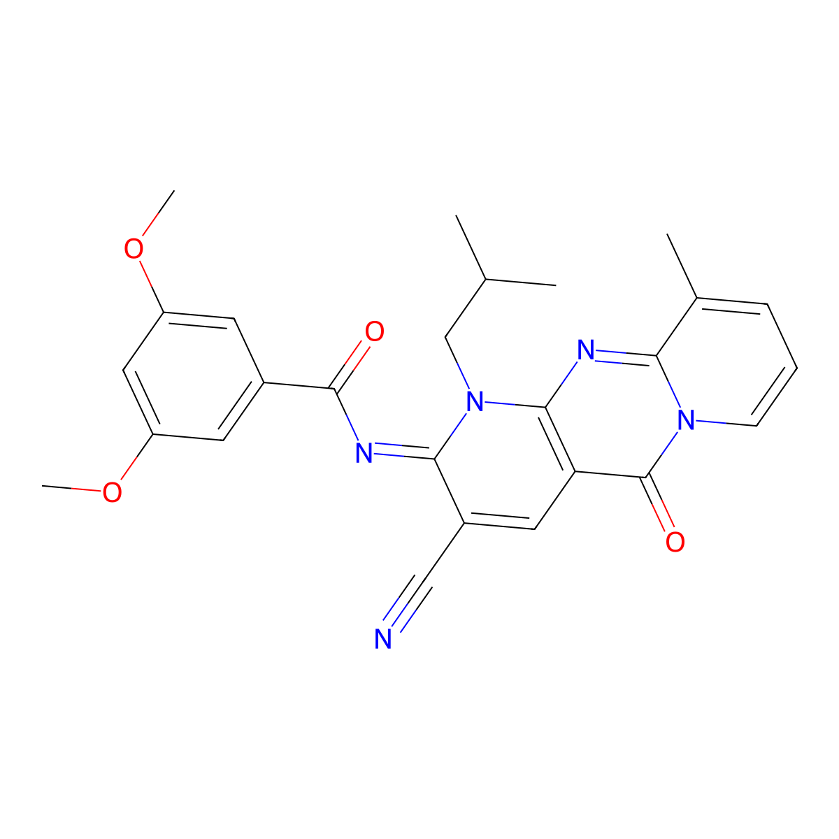 (E)-N-(3-cyano-1-isobutyl-10-methyl-5-oxo-1H-dipyrido[1,2-a:2',3'-d]pyrimidin-2(5H)-ylidene)-3,5-dimethoxybenzamide molecular structure, CAS 844453-56-1