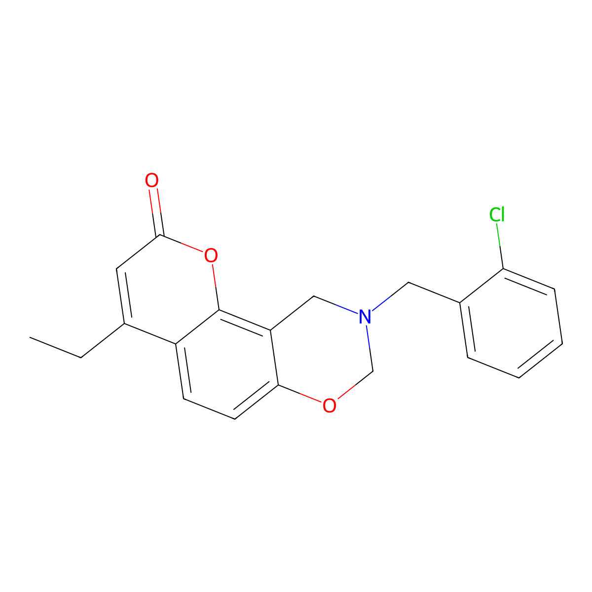 9-(2-chlorobenzyl)-4-ethyl-9,10-dihydro-2H,8H-chromeno[8,7-e][1,3]oxazin-2-one molecular structure, CAS 844453-58-3