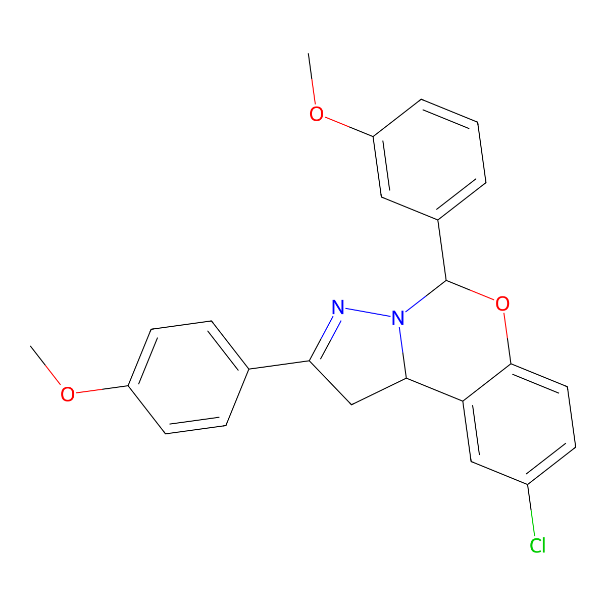 9-Chloro-5-(3-methoxyphenyl)-2-(4-methoxyphenyl)-1,10b-dihydropyrazolo[1,5-c][1,3]benzoxazine molecular structure, CAS 844453-79-8