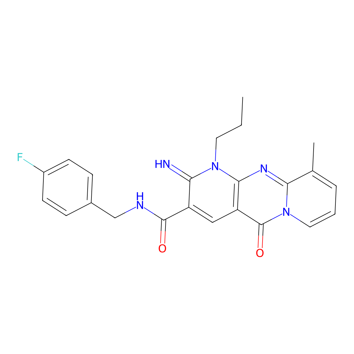 N-[(4-Fluorophenyl)methyl]-6-imino-11-methyl-2-oxo-7-propyl-1,7,9-triazatricyclo[8.4.0.03,8]tetradeca-3(8),4,9,11,13-pentaene-5-carboxamide molecular structure, CAS 844454-27-9