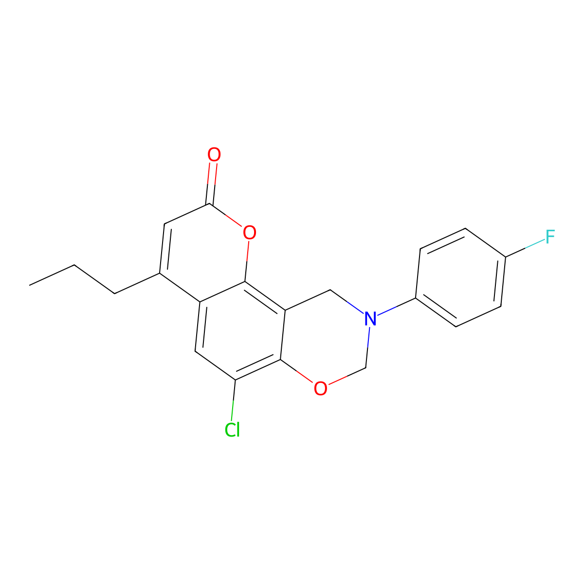 6-chloro-9-(4-fluorophenyl)-4-propyl-9,10-dihydro-2H,8H-chromeno[8,7-e][1,3]oxazin-2-one molecular structure, CAS 844455-25-0