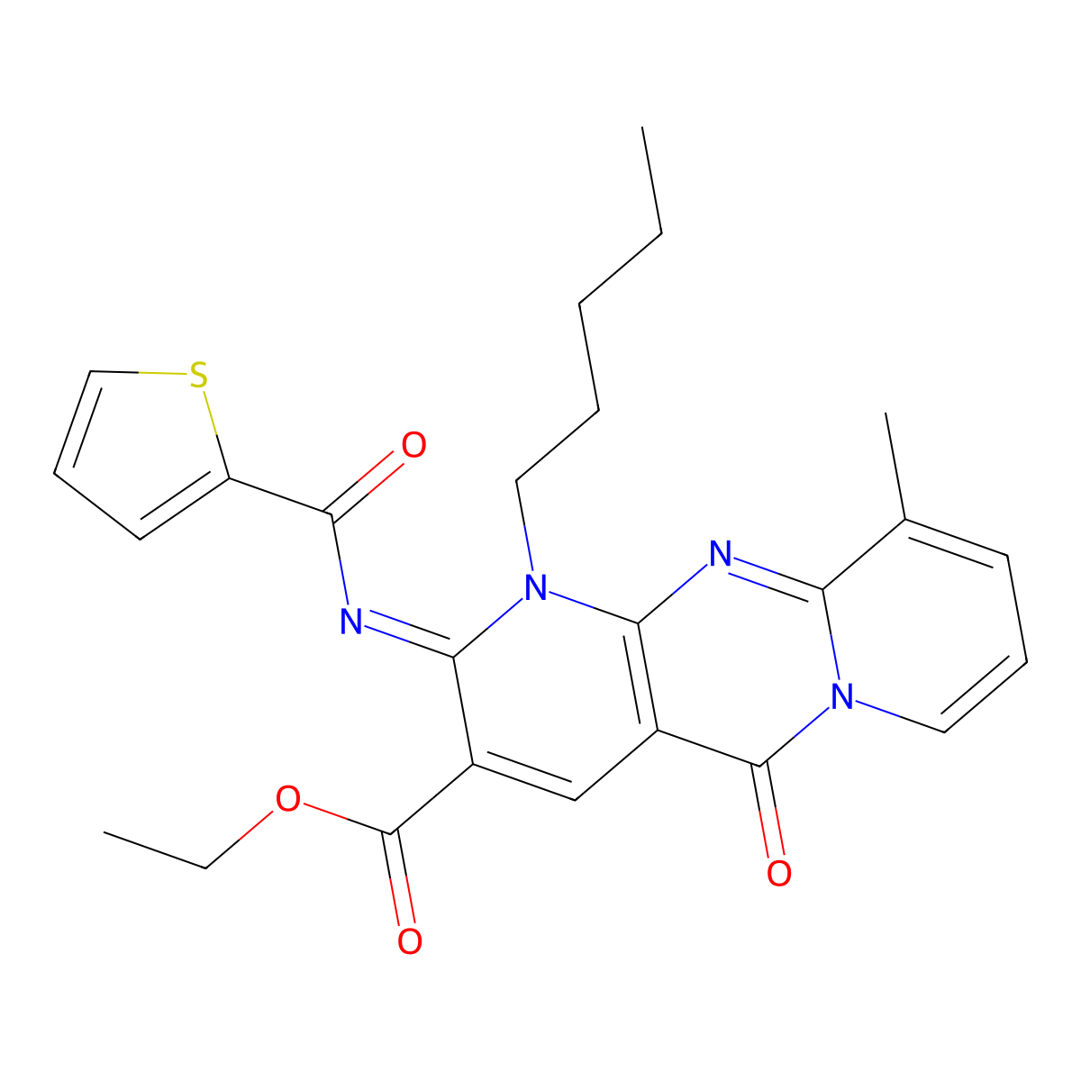 ethyl 10-methyl-5-oxo-1-pentyl-2-[(2-thienylcarbonyl)imino]-1,5-dihydro-2H-dipyrido[1,2-a:2,3-d]pyrimidine-3-carboxylate molecular structure, CAS 844455-95-4