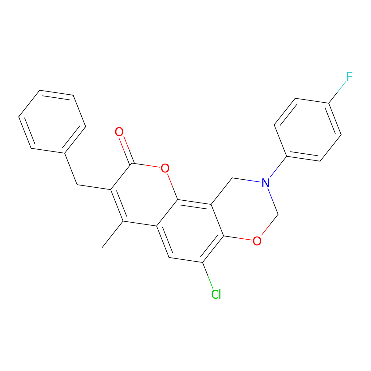 3-benzyl-6-chloro-9-(4-fluorophenyl)-4-methyl-9,10-dihydro-2H,8H-chromeno[8,7-e][1,3]oxazin-2-one molecular structure, CAS 844456-18-4
