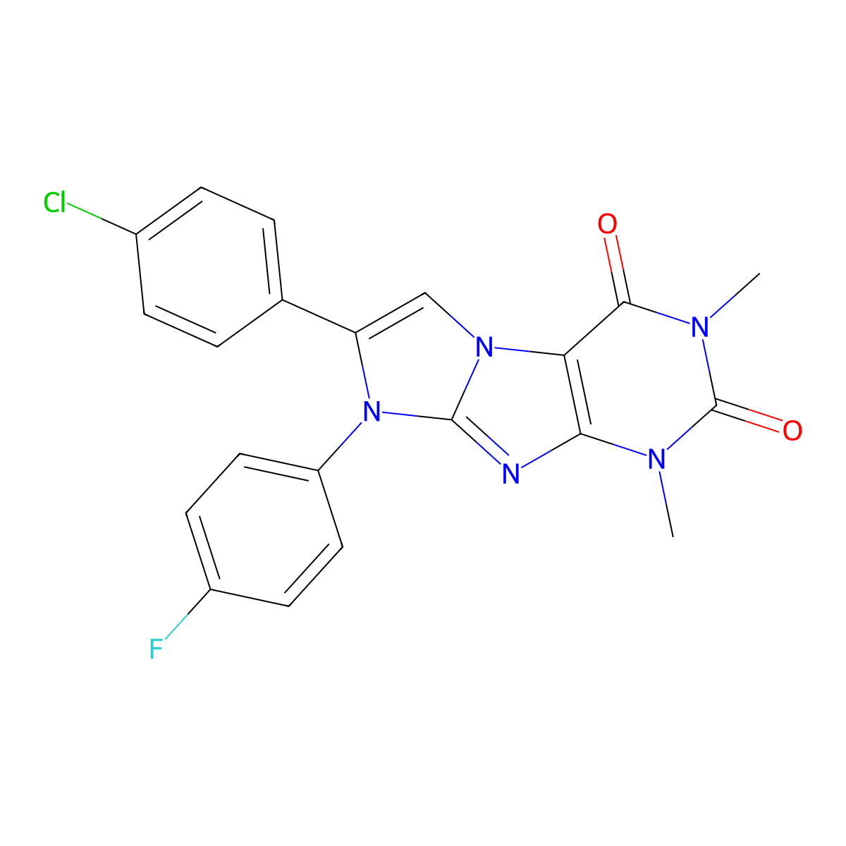 7-(4-chlorophenyl)-8-(4-fluorophenyl)-1,3-dimethyl-1H-imidazo[2,1-f]purine-2,4(3H,8H)-dione molecular structure, CAS 844457-88-1