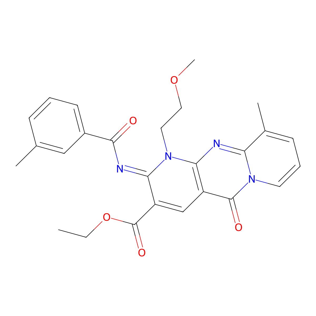 ethyl 1-(2-methoxyethyl)-10-methyl-2-[(3-methylbenzoyl)imino]-5-oxo-1,5-dihydro-2H-dipyrido[1,2-a:2,3-d]pyrimidine-3-carboxylate molecular structure, CAS 844458-30-6