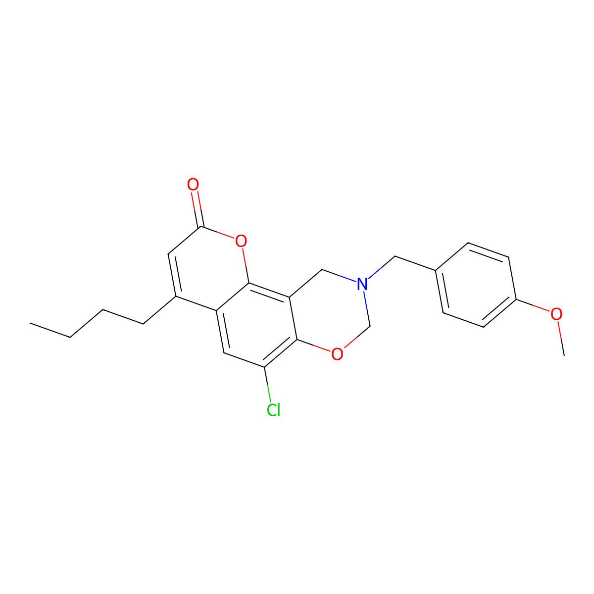 4-butyl-6-chloro-9-(4-methoxybenzyl)-9,10-dihydro-2H,8H-chromeno[8,7-e][1,3]oxazin-2-one molecular structure, CAS 844458-48-6