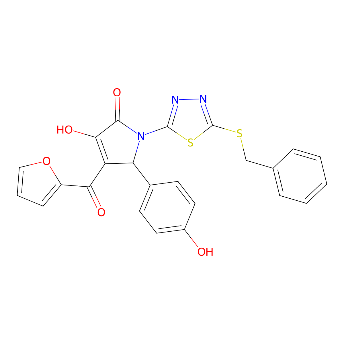 (4E)-1-[5-(benzylsulfanyl)-1,3,4-thiadiazol-2-yl]-4-[furan-2-yl(hydroxy)methylidene]-5-(4-hydroxyphenyl)pyrrolidine-2,3-dione molecular structure, CAS 844459-38-7