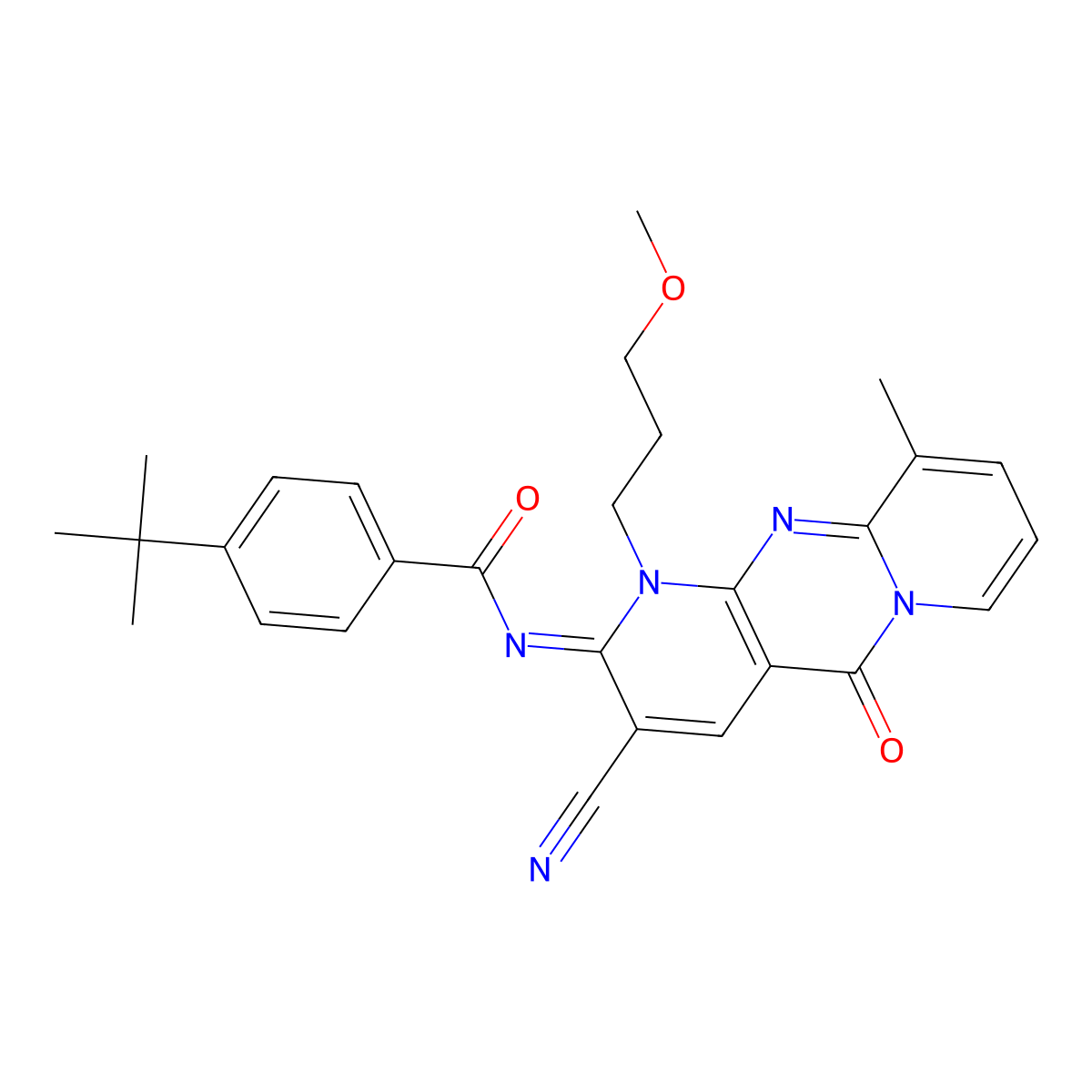 (E)-4-(tert-butyl)-N-(3-cyano-1-(3-methoxypropyl)-10-methyl-5-oxo-1H-dipyrido[1,2-a:2',3'-d]pyrimidin-2(5H)-ylidene)benzamide molecular structure, CAS 844460-22-6