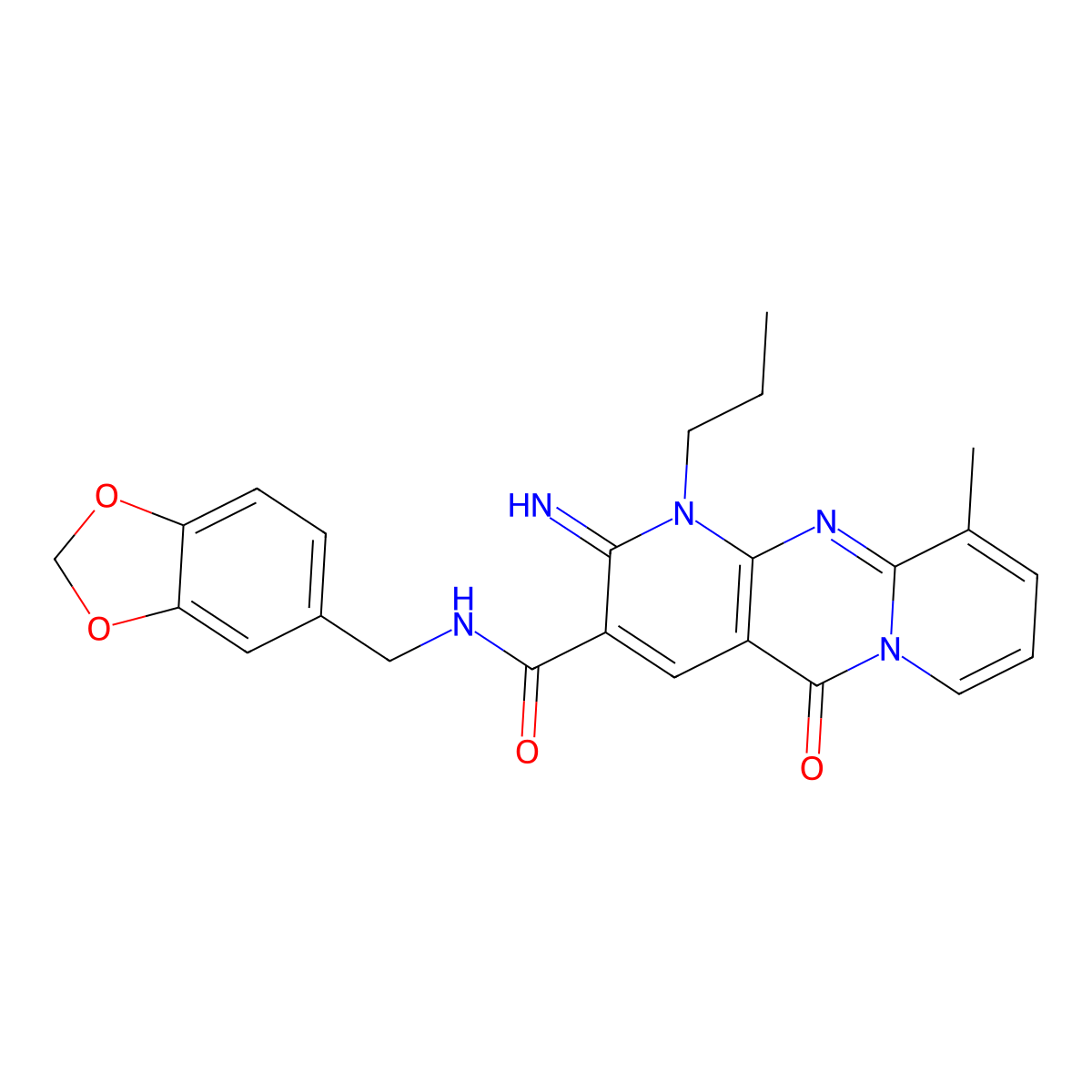 N-(1,3-benzodioxol-5-ylmethyl)-2-imino-10-methyl-5-oxo-1-propyl-1,5-dihydro-2H-dipyrido[1,2-a:2',3'-d]pyrimidine-3-carboxamide molecular structure, CAS 844460-26-0
