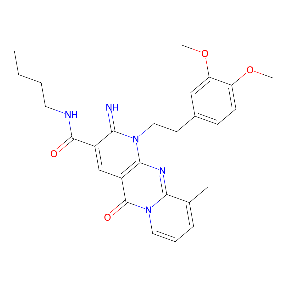 N-butyl-7-[2-(3,4-dimethoxyphenyl)ethyl]-6-imino-11-methyl-2-oxo-1,7,9-triazatricyclo[8.4.0.0^{3,8}]tetradeca-3(8),4,9,11,13-pentaene-5-carboxamide molecular structure, CAS 844460-56-6