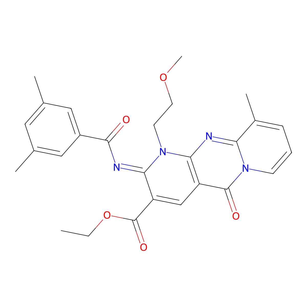 ethyl 2-[(3,5-dimethylbenzoyl)imino]-1-(2-methoxyethyl)-10-methyl-5-oxo-1,5-dihydro-2H-dipyrido[1,2-a:2,3-d]pyrimidine-3-carboxylate molecular structure, CAS 844460-66-8