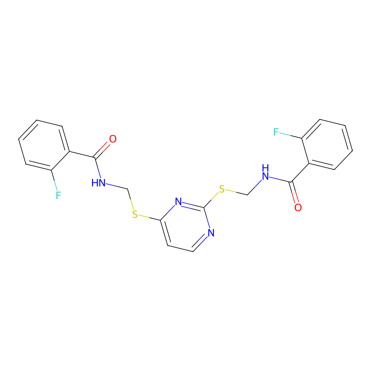 N,N'-[pyrimidine-2,4-diylbis(sulfanediylmethanediyl)]bis(2-fluorobenzamide) molecular structure, CAS 844460-76-0