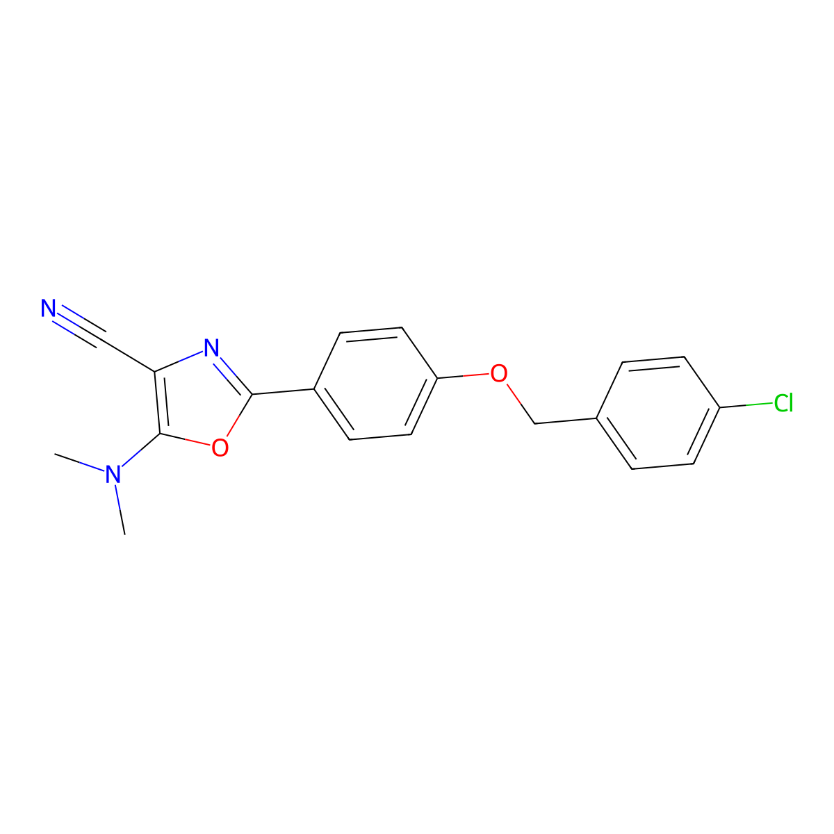 2-[4-[(4-Chlorophenyl)methoxy]phenyl]-5-(dimethylamino)-1,3-oxazole-4-carbonitrile molecular structure, CAS 844461-41-2