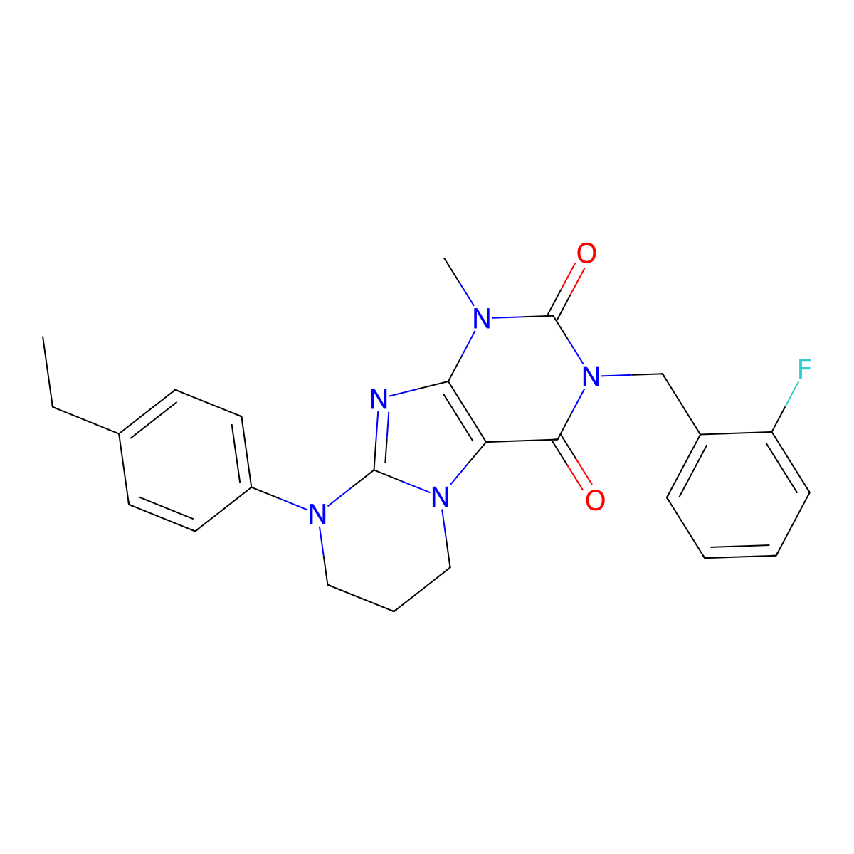 9-(4-ethylphenyl)-3-(2-fluorobenzyl)-1-methyl-6,7,8,9-tetrahydropyrimido[2,1-f]purine-2,4(1H,3H)-dione molecular structure, CAS 844463-23-6