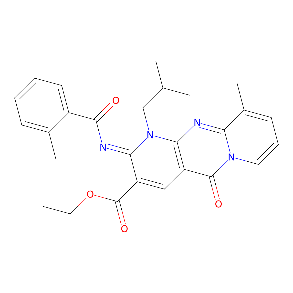 ethyl 1-isobutyl-10-methyl-2-[(2-methylbenzoyl)imino]-5-oxo-1,5-dihydro-2H-dipyrido[1,2-a:2,3-d]pyrimidine-3-carboxylate molecular structure, CAS 844464-25-1