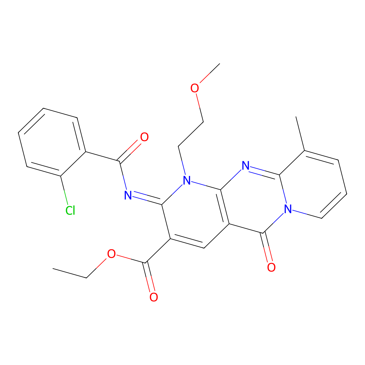 ethyl 2-[(2-chlorobenzoyl)imino]-1-(2-methoxyethyl)-10-methyl-5-oxo-1,5-dihydro-2H-dipyrido[1,2-a:2,3-d]pyrimidine-3-carboxylate molecular structure, CAS 844464-47-7
