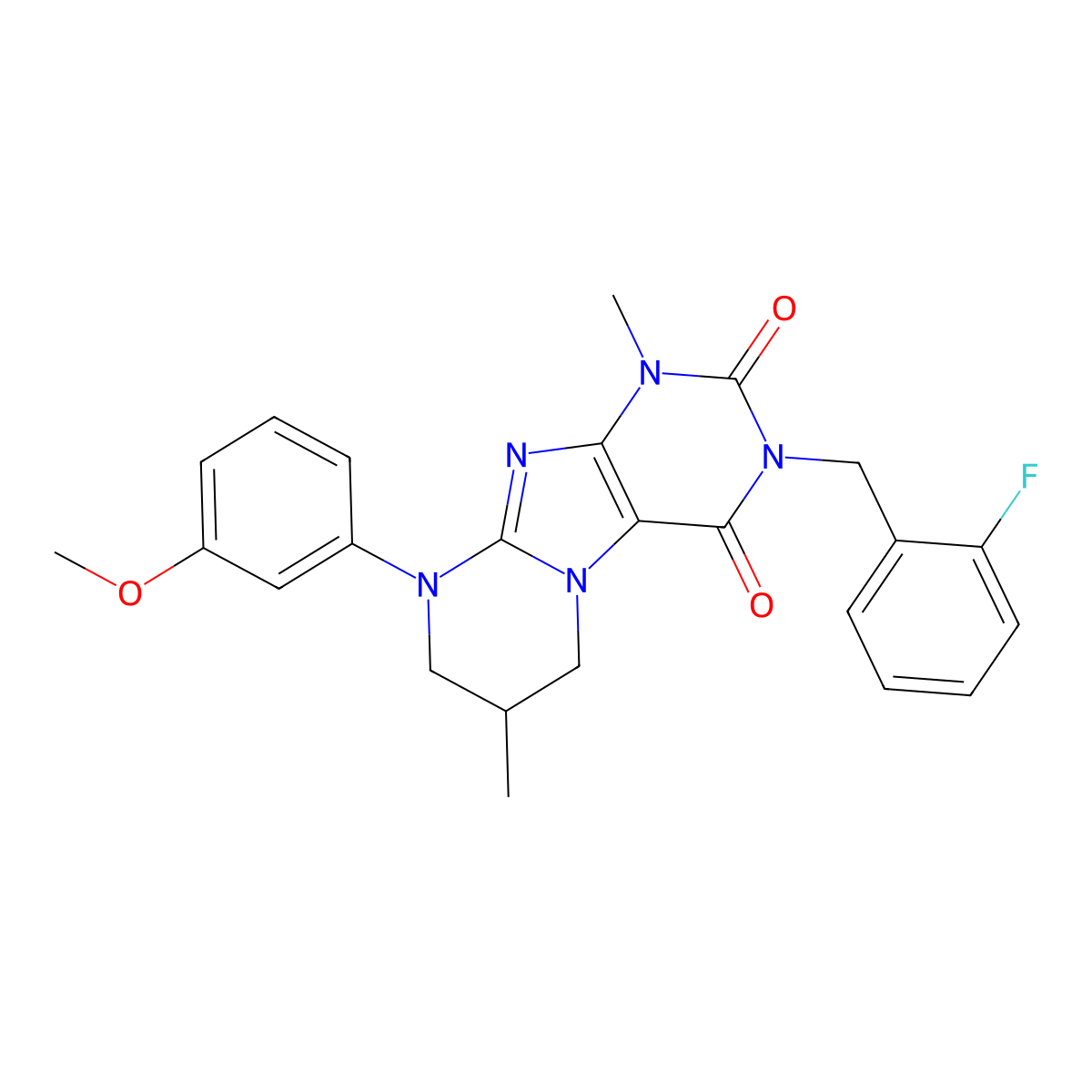 3-(2-fluorobenzyl)-9-(3-methoxyphenyl)-1,7-dimethyl-6,7,8,9-tetrahydropyrimido[2,1-f]purine-2,4(1H,3H)-dione molecular structure, CAS 844464-86-4