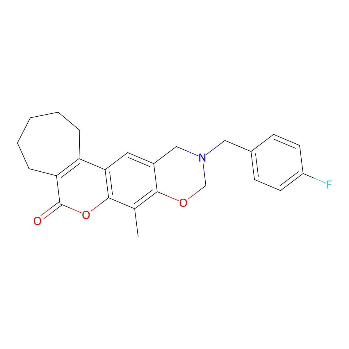 11-(4-fluorobenzyl)-8-methyl-2,3,4,5,11,12-hexahydro-10H-cyclohepta[3,4]chromeno[6,7-e][1,3]oxazin-6(1H)-one molecular structure, CAS 844465-18-5